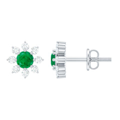 Natural Emerald and Diamond Floral Stud Earrings