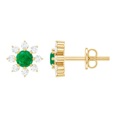 Natural Emerald and Diamond Floral Stud Earrings