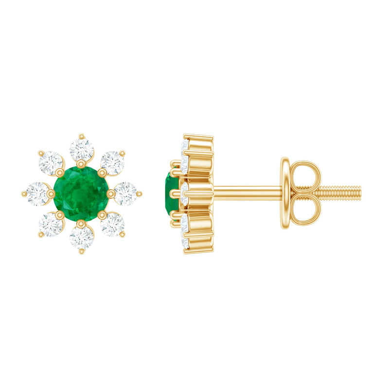 Natural Emerald and Diamond Floral Stud Earrings