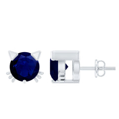 Natural 0.8 Carat Blue Sapphire Cat Stud Earrings for Women
