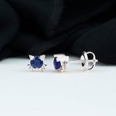 Natural 0.8 Carat Blue Sapphire Cat Stud Earrings for Women
