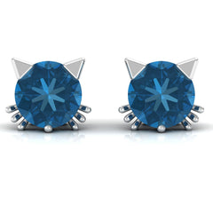 1 CT Round Shape London Blue Topaz Cat Stud Earrings