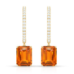 Emerald Cut Lab Grown Orange Sapphire Drop Hoop Earrings with Diamond