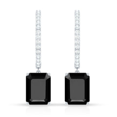 Natural 7X9mm Emerald Cut Black Onyx Hoop Drop Earrings with Diamond