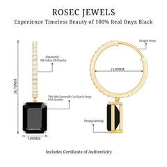 Natural 7X9mm Emerald Cut Black Onyx Hoop Drop Earrings with Diamond
