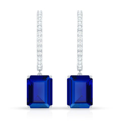 Emerald Cut Lab Created Blue Sapphire and Diamond Hoop Drop Earrings