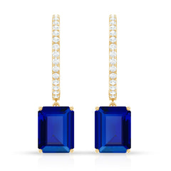 Emerald Cut Lab Created Blue Sapphire and Diamond Hoop Drop Earrings