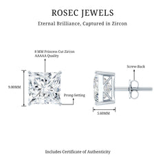 6 Carat Princess Cut Cubic Zirconia Solitaire Stud Earrings in Silver