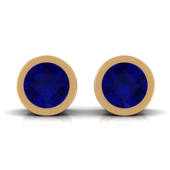 Genuine Blue Sapphire Round Solitaire Stud Earrings in Bezel Setting