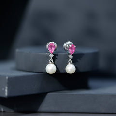 Freshwater Pearl Bridal Drop Earrings with Lab Pink Sapphire