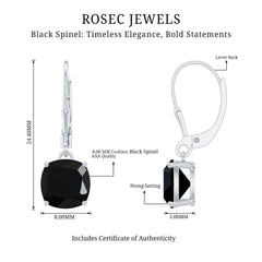 Genuine 8mm Cushion Cut Black Spinel Drop Earrings Lever Back