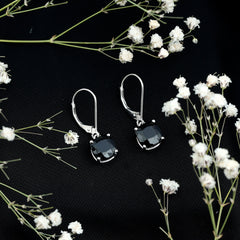 Genuine 8mm Cushion Cut Black Spinel Drop Earrings Lever Back