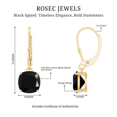 Genuine 8mm Cushion Cut Black Spinel Drop Earrings Lever Back
