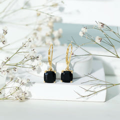Genuine 8mm Cushion Cut Black Spinel Drop Earrings Lever Back