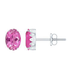 Real 2 Carat Oval Pink Tourmaline Stud Earrings with Diamond