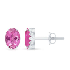 Real 2 Carat Oval Pink Tourmaline Stud Earrings with Diamond