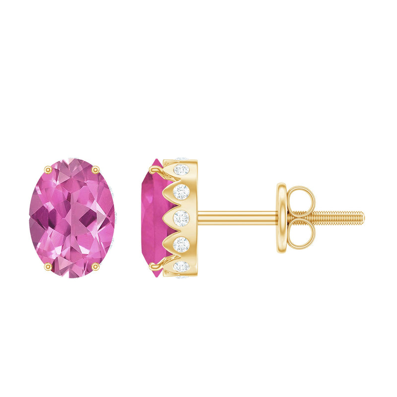 Real 2 Carat Oval Pink Tourmaline Stud Earrings with Diamond