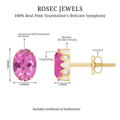 Real 2 Carat Oval Pink Tourmaline Stud Earrings with Diamond