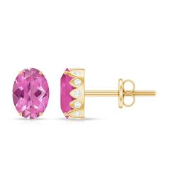Real 2 Carat Oval Pink Tourmaline Stud Earrings with Diamond