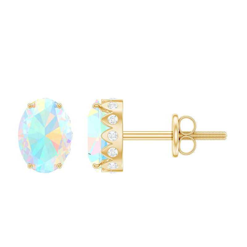 Natural 6X8mm Oval Ethiopian Opal Classic Stud Earrings with Diamond