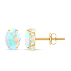 Natural 6X8mm Oval Ethiopian Opal Classic Stud Earrings with Diamond