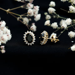 2 Carat Oval Shaped Black and White Diamond Stud Earrings in Yellow Gold Plated Silver
