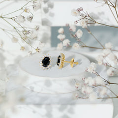 2 Carat Oval Shaped Black and White Diamond Stud Earrings in Yellow Gold Plated Silver
