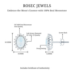 Genuine 2 Carat Moonstone and Diamond Halo Stud Earrings