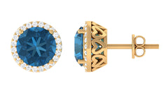 London Blue Topaz Stud Earrings with Diamond Halo