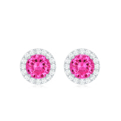 Lab Created Pink Sapphire and Diamond Halo Stud Earrings
