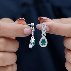 Lab Grown Emerald Wedding Dangle Earrings With Moissanite