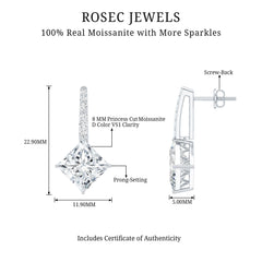 Certified 6 Carat Princess Cut Moissanite Drop Earrings in Silver