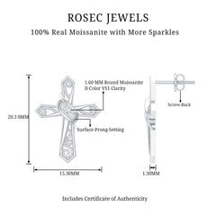 Certified Moissanite Vintage Cross Stud Earrings in Silver