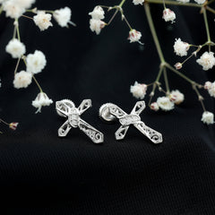 Certified Moissanite Vintage Cross Stud Earrings in Silver