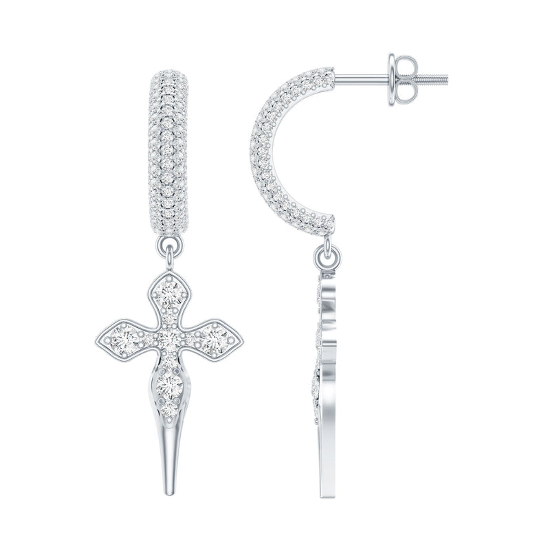 Vintage Inspired Moissanite Cross Dangle Earrings in Silver
