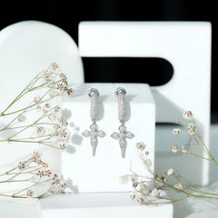 Vintage Inspired Moissanite Cross Dangle Earrings in Silver
