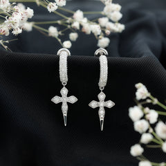 Vintage Inspired Moissanite Cross Dangle Earrings in Silver