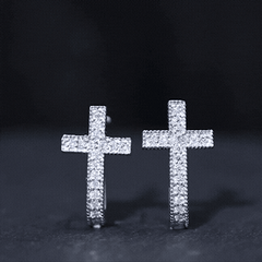 Certified Moissanite Cross J Hoop Earrings in Sterling Silver