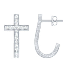 Certified Moissanite Cross J Hoop Earrings in Sterling Silver