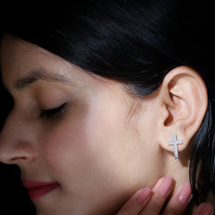 Certified Moissanite Cross J Hoop Earrings in Sterling Silver