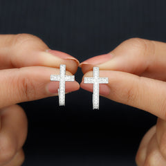 Certified Moissanite Cross J Hoop Earrings in Sterling Silver