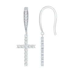 Certified Moissanite Cross Dangle Earrings in Sterling Silver