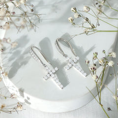 Certified Moissanite Cross Dangle Earrings in Sterling Silver