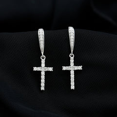 Certified Moissanite Cross Dangle Earrings in Sterling Silver