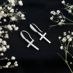 Certified Moissanite Cross Dangle Earrings in Sterling Silver