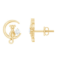 Diamond Cat Moon Stud Earrings for Women