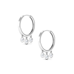 Natural 3 Stone Diamond Drop Hoop Earrings