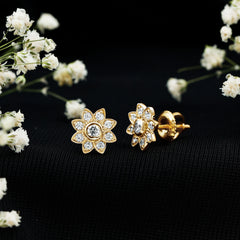 Diamond Flower Stud Earrings With Screw Back