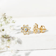 Diamond Flower Stud Earrings With Screw Back