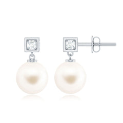 Real Freshwater Pearl and Diamond Drop Earrings
